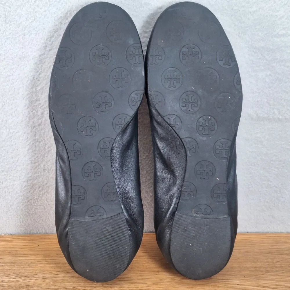 Tory Burch Minnie Travel Women's 8.5 Ballet Flats Black Leather Gold Logo Shoes
